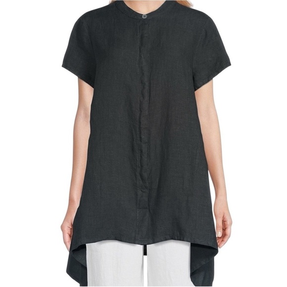 BRYN WALKER Willa Short Sleeve Linen Button Down Asymmetrical Tunic - Picture 1 of 10